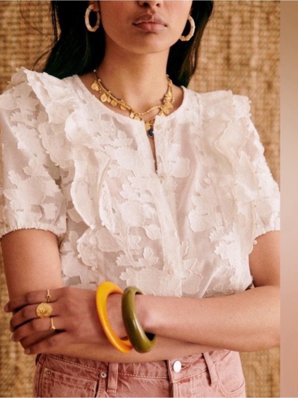 Sezane White Floral Appliqué Ruffle Short-Sleeve Blouse Size 36